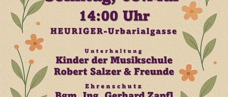Ein Plakat kündigt eine Veranstaltung zum Muttertag, 'MUTTERTAGS-KRÄNZCHEN', an. Es ist am Sonntag, 3. Mai, um 14:00 Uhr. Der Ort ist Heuriger-Urbanialgasse. Die Veranstaltung mit Kindern der Musikschule, Robert Salzer & Freunde, und Ehrenschutz Bgm. Ing. Gerhard Zapfl.