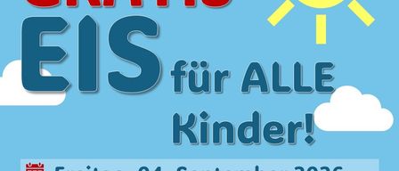 Poster for a free ice cream event for all children on Friday, September 4, 2026, at the Generationenspielplatz Ahorngasse, starting at 3:30 PM, while supplies last.
