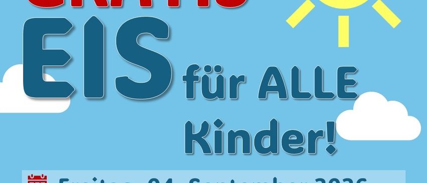 Poster for a free ice cream event for all children on Friday, September 4, 2026, at the Generationenspielplatz Ahorngasse, starting at 3:30 PM, while supplies last.