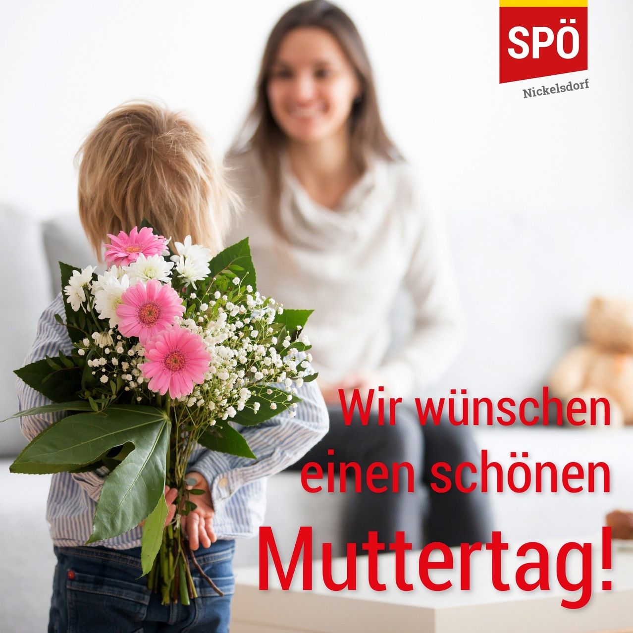 A child holds a bouquet of flowers in front of a smiling mother. The text reads 'We wish a beautiful Mother's Day!' with a logo in the corner.