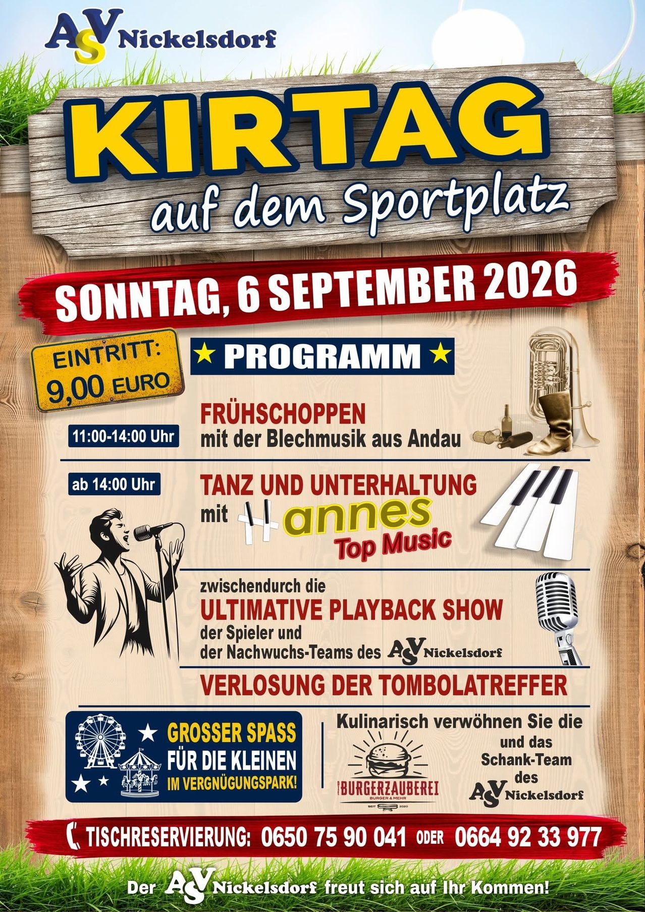 Plakat für eine Sonntagsveranstaltung am 6. September 2026 mit einem Sänger, Musikinstrumenten und einem Riesenrad. Der Eintritt beträgt 9,00 Euro. Beinhaltet Frühstück, Musik, Tanz und eine Talentshow.