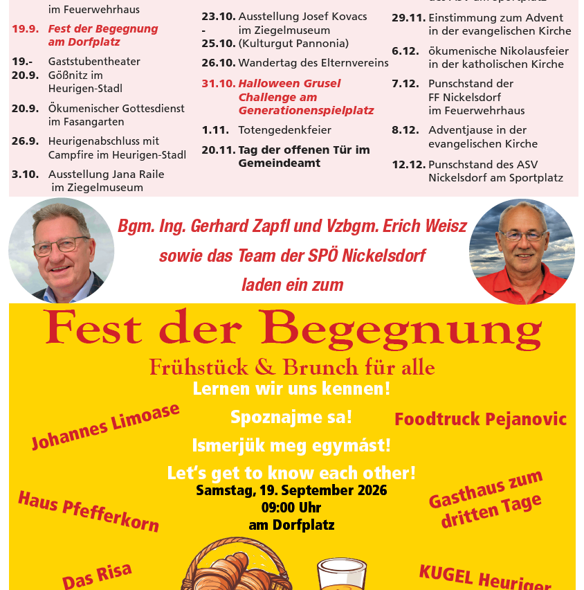 Ein Plakat mit einem Zeitplan für Veranstaltungen in Nickelsdorf, einschließlich eines Festivals, Theaters und verschiedener Zusammenkünfte. Es zeigt Bilder von zwei Männern und erwähnt einen Food-Truck und ein Haus.