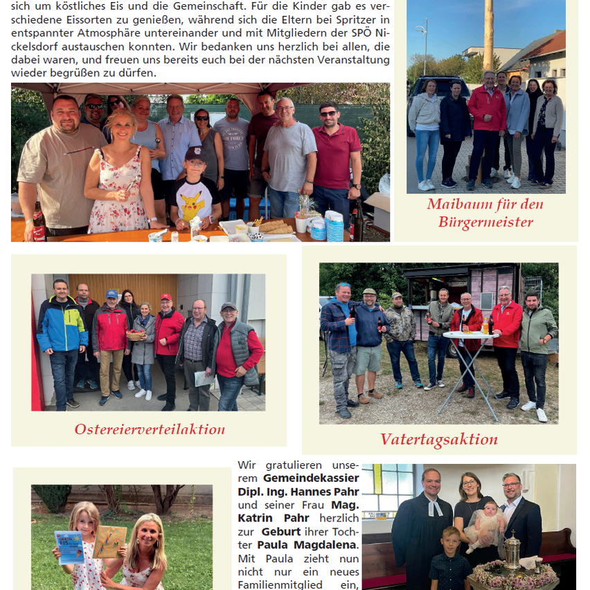 Eine Gruppe von Menschen ist zu einem Gemeinschaftsereignis versammelt, wobei die Kinder Eis genießen und die Erwachsenen sich unterhalten. Das Bild zeigt eine Collage verschiedener Momente des Ereignisses.