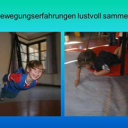 Zwei Bilder von Kindern bei verschiedenen Aktivitäten. Links: Ein Junge schwingt sich auf einem Schaukelpferd im Haus. Rechts: Ein Mädchen liegt auf einer roten Schaukel und zeichnet auf den Boden.