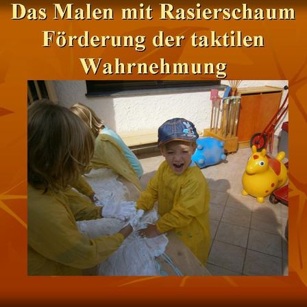 Drei Kinder malen mit gelber Farbe auf einem gefliesten Boden. Ein Kind trägt Hut und Handschuhe.