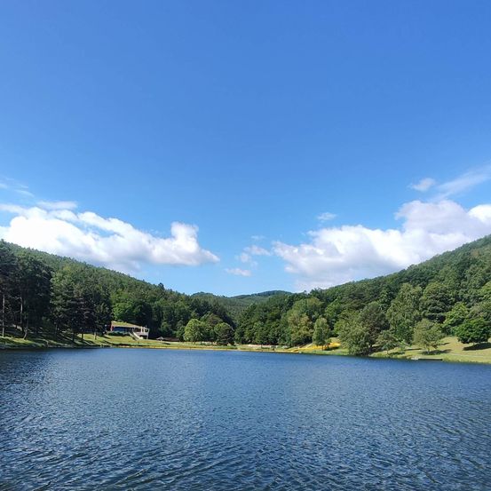 Ein ruhiger See zwischen Hügeln, unter einem klaren blauen Himmel mit verstreuten Wolken. Üppiges Grün umgibt das Wasser.
