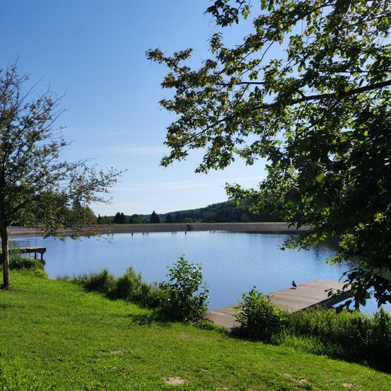 Ein ruhiger See unter einem klaren blauen Himmel, umgeben von üppigem Grün und einem Holzsteg, mit entfernten Hügeln im Hintergrund.