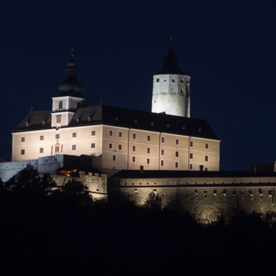 Eine große Burg mit zwei Türmen und vielen Fenstern ist bei Nacht beleuchtet. Sie ist von Bäumen umgeben, und ihr unterer Teil ist gut beleuchtet.