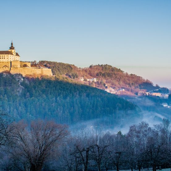 Eine große Burg auf einem Hügel, umgeben von Nebel, mit einem dichten Wald darunter und einer Stadt in der Ferne unter einem klaren Himmel.