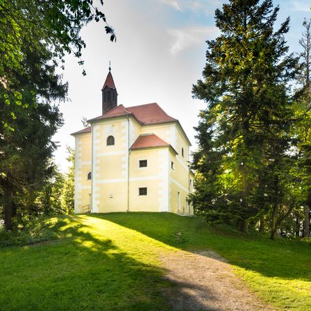 Eine gelbe Kirche mit rotem Dach und Turm steht auf einem Hügel, umgeben von Bäumen und Gras. Die Sonne beleuchtet das Gebäude.