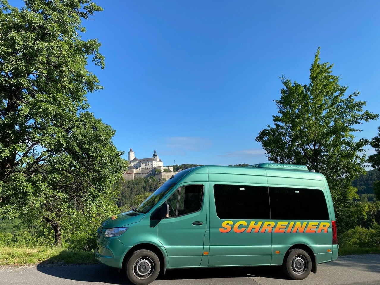 Ein grüner Bus mit dem Wort Schreiner steht am Straßenrand mit einer Burg im Hintergrund.