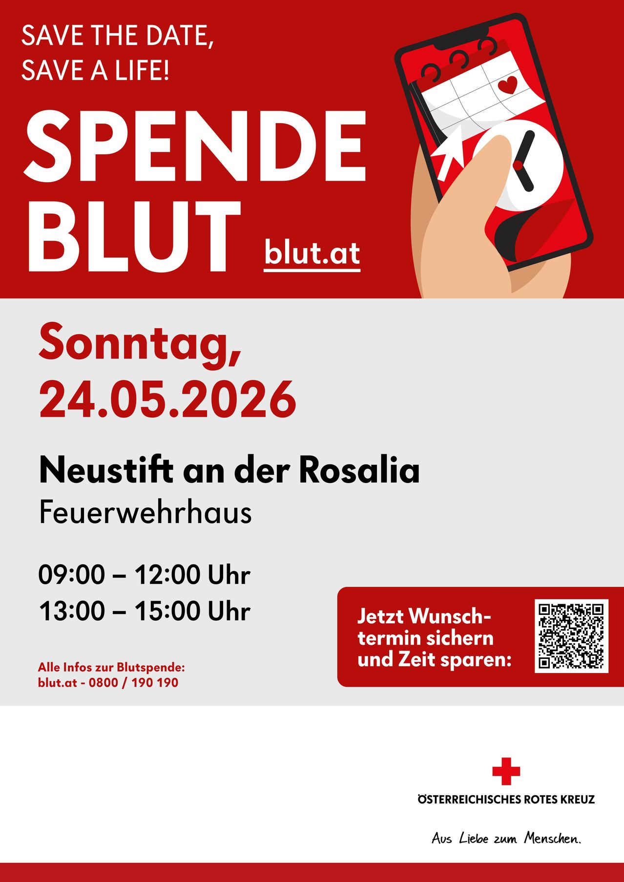 Blutspende-Veranstaltung am Sonntag, 24.05.2026. Ort: Feuerwehrhaus Rosalia. Zeitfenster: 09:00-12:00 und 13:00-15:00 Uhr. Für weitere Informationen besuchen Sie blut.at oder rufen Sie 0800/190190 an. QR-Code für Terminbuchung verfügbar.