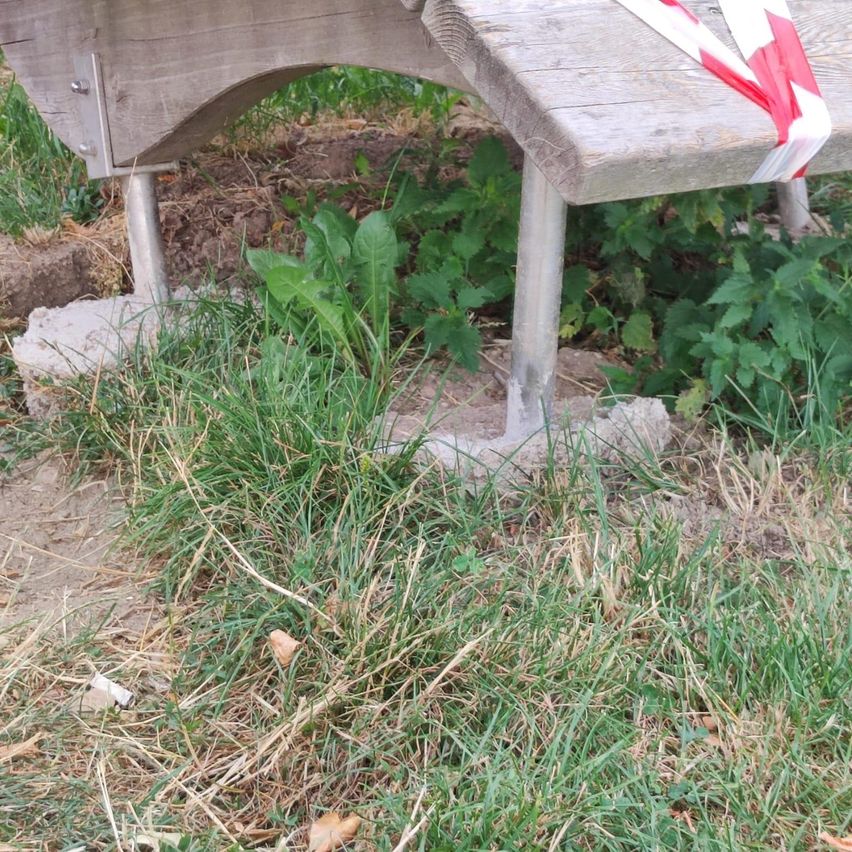 Eine Holzbank mit einem roten und weißen Band darum, teilweise im Boden vergraben, mit Gras und Pflanzen darum.
