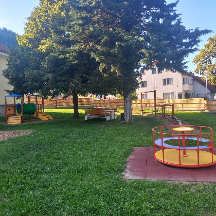 Ein Spielplatz im Freien mit Schaukel, Rutschen und Karussell, umgeben von Bäumen und Gras, mit einem Haus im Hintergrund.