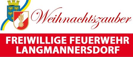Plakat für die Freiwillige Feuerwehr Langmannersdorf. Veranstaltung am 24.12.2025 von 9 bis 13 Uhr im Feuerwehrhaus. Aktivitäten umfassen Weihnachtsbaumbeleuchtung, Feuerwehrautofahrten, Tee und Kuchen, Basteln, Kinderpunsch, Lebensmittelsammlung und Glühwein. Fotos eines geschmückten Weihnachtsbaums, Feuerwehrautos und Menschen.