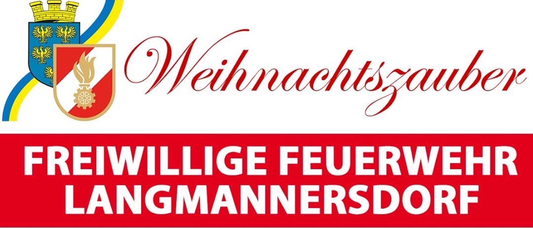 Plakat für die Freiwillige Feuerwehr Langmannersdorf. Veranstaltung am 24.12.2025 von 9 bis 13 Uhr im Feuerwehrhaus. Aktivitäten umfassen Weihnachtsbaumbeleuchtung, Feuerwehrautofahrten, Tee und Kuchen, Basteln, Kinderpunsch, Lebensmittelsammlung und Glühwein. Fotos eines geschmückten Weihnachtsbaums, Feuerwehrautos und Menschen.