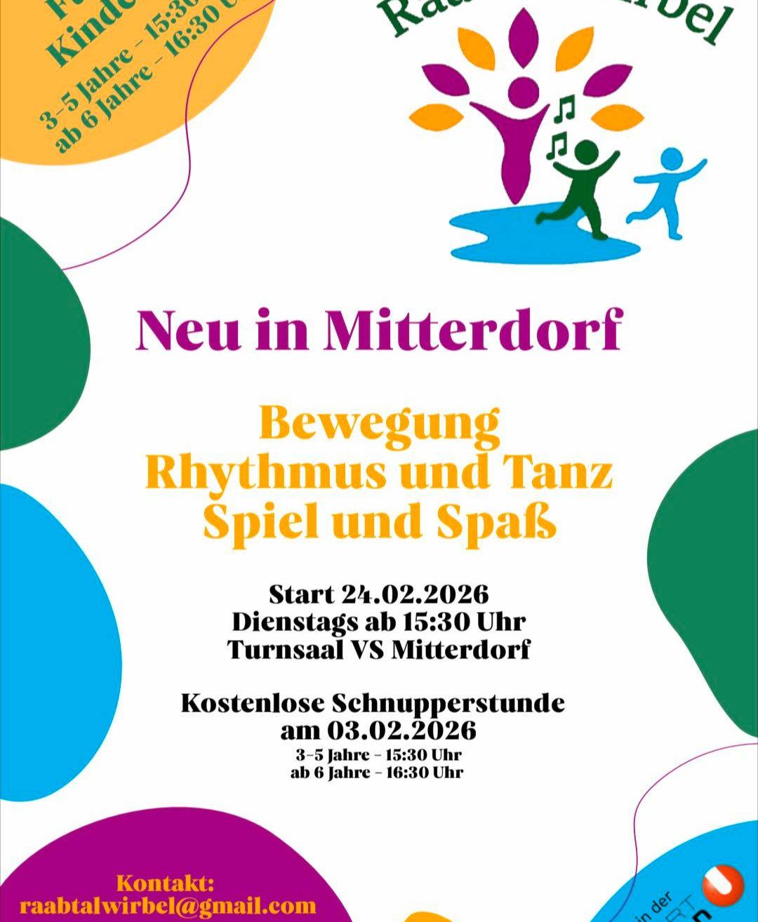 Neu in Mitterdorf, eine Bewegungs-, Rhythmus-, Tanz-, Spiel- und Spaßveranstaltung für Kinder im Alter von 3-5 Jahren, die am 24.02.2026 beginnt, jeden Dienstag um 15:30 Uhr. Kostenlose Schnupperstunden am 03.02.2026.