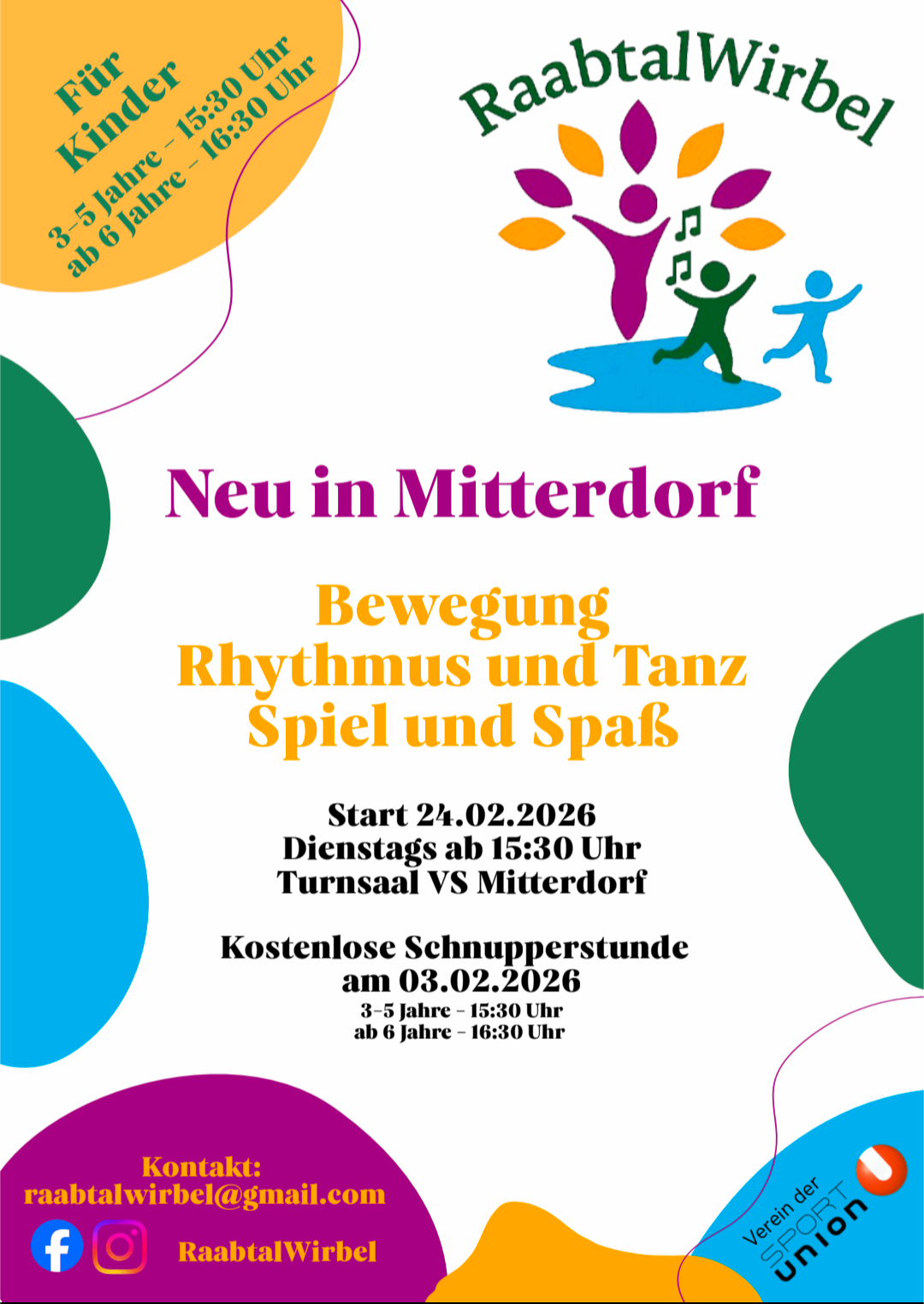 Werbeposter für eine kostenlose Aktivität in Mitterddorf. Es zeigt einen Baum, Musiknoten und tanzende Kinder. Die Veranstaltung dreht sich um Bewegung, Rhythmus, Tanz, Spiel und Spaß. Sie beginnt am 24.02.2026 jeden Dienstag um 15:30 Uhr. Kostenloser Probetag am 03.02.2026. Für Alter 3-5 um 15:30 Uhr, ab 6 Jahren um 16:30 Uhr.