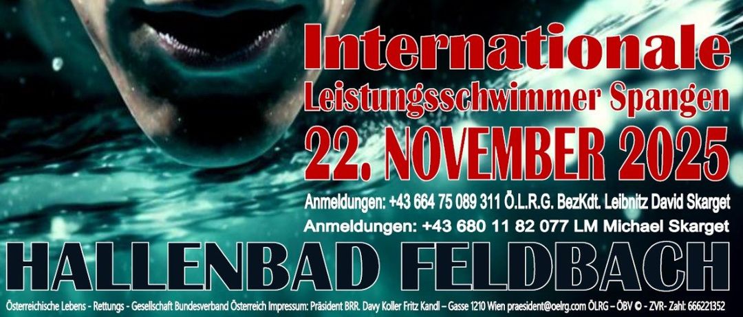 Ein Plakat für ein internationales Schwimmevent am 22. November 2025 mit einem Schwimmer in Schwimmbrille und verschiedenen Logos und Abzeichen.