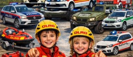 Ein Bild, das eine Gruppe von Kindern in Feuerwehruniformen mit verschiedenen Einsatzfahrzeugen wie Feuerwehrwagen, Polizeiautos und Krankenwagen im Hintergrund zeigt.