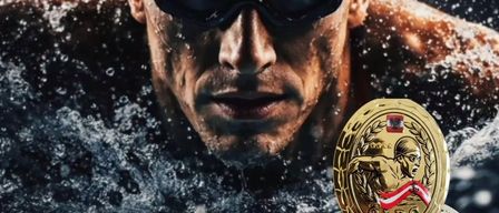 Ein Schwimmer mit Schwimmbrille und Mütze schwimmt im Wasser mit einer goldenen Medaille, die einen Schwimmer und ein Adlerlogo im Hintergrund zeigt.
