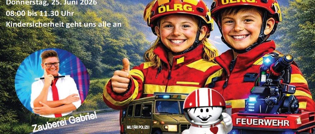 Poster for child safety event, with two children in firefighter uniforms and various emergency vehicles. The event is on June 25, 2026, from 8:00 to 11:30 AM, at Freiwillige Feuerwehr Leutschach a.d.W. Hosted by Zauberei Gabriel.