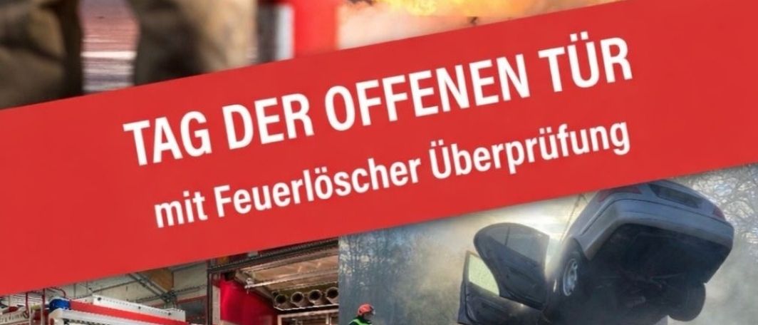 Tag der offenen Tür Poster mit Feuerwehrmann und Feuerwehrauto, mit Feuerlöscherüberprüfung, Entstehungsbrandbekämpfung, Fahrzeugausstellung und Hubburg. Datum: 9. Mai 2026, 9:00-13:00 Uhr am Feuerwehrhaus Obergralla.