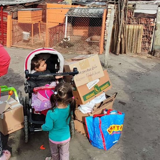 Ein Kleinkind sitzt in einem Kinderwagen mit einem Beutel mit Bio-Bananen, während ein junges Mädchen daneben steht. Hinter ihnen befinden sich mehrere Kisten und ein mit Smyth beschrifteter Beutel. Im Hintergrund sind ein Zaun, Käfige und Gebäude zu sehen.