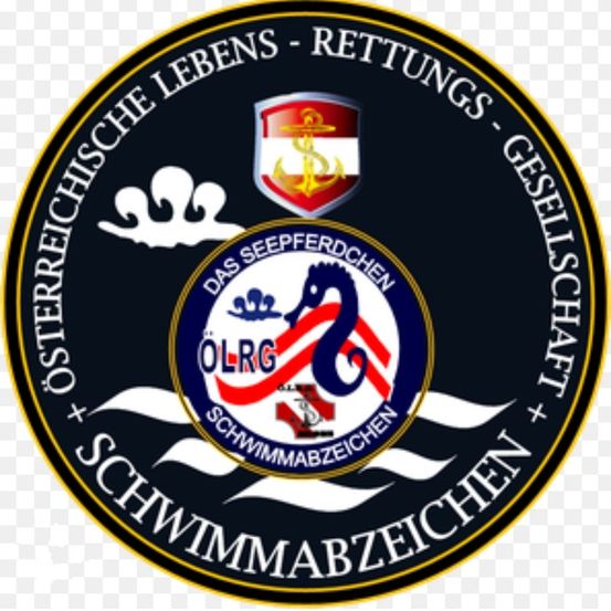Rundes Emblem mit einem Schild mit Anker und Wellen, umgeben von Text 'Österreichische Lebens-Rettungs-Gesellschaft Schwimmabzeichen' und einem Logo.
