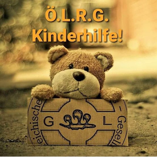 Ein Teddybär hält eine Schachtel mit der Aufschrift 'Ö.L.R.G. Kinderhilfe' auf einem Betonuntergrund mit verschwommenem Hintergrund.