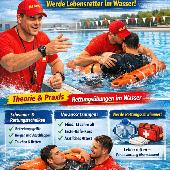 Ein Werbeplakat für Wasserrettungstraining zeigt Männer in roten Uniformen. Ein Mann gibt Anweisungen, während zwei andere Rettungstechniken im Pool üben. Das Plakat hebt Schwimmen, Rettungsfähigkeiten, Erste-Hilfe-Kurs und Erste-Hilfe-Kasten hervor.