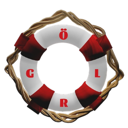 Ein Rettungsring mit den Buchstaben GR L auf schwarzem Hintergrund, mit roten Bändern gebunden.