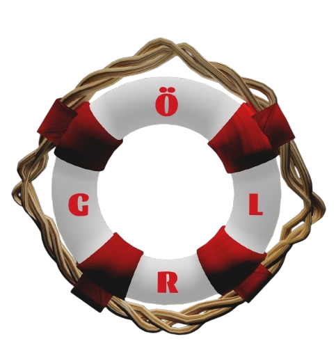 Ein Rettungsring mit den Buchstaben GR L auf schwarzem Hintergrund, mit roten Bändern gebunden.