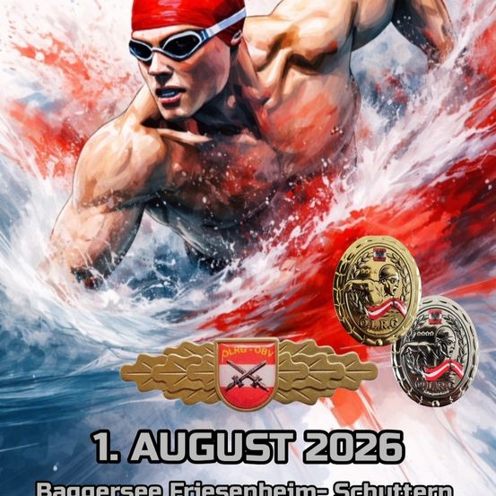 Ein Gemälde eines Schwimmers im Wasser, mit einer Medaille mit dem Text 'OLRG' und einem Logo darunter. Das Datum 1. August 2026 ist in fetten Buchstaben angezeigt.
