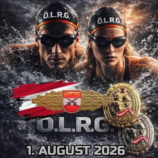 Zwei Schwimmer, ein Mann und eine Frau, tragen Schwimmbrillen und Kappen mit den Buchstaben O.L.R.G. auf ihnen. Sie schwimmen im Wasser mit einer Flagge und Medaillen. Der Text lautet O.L.R.G. und das Datum ist 1. August 2026.