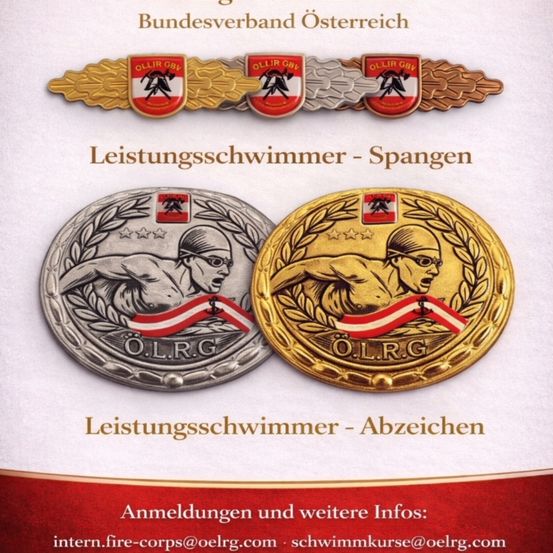 Ein Bild zeigt drei goldene und silberne Leistungsschwimmerabzeichen mit Logos, ein Abzeichen ist auf einem Band angebracht, und die Kontaktinformationen befinden sich am unteren Rand.