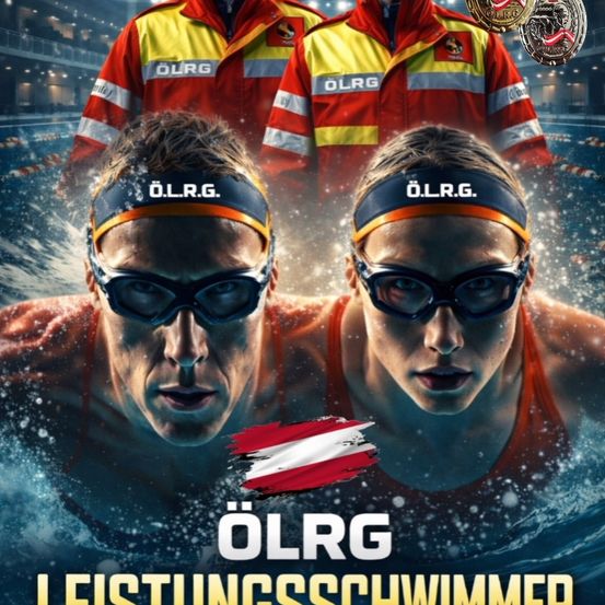 Zwei Schwimmer tragen O.L.R.G.-Kopfbänder mit einer Flagge und zwei Offiziellen im Hintergrund. Der Text lautet O.L.R.G. Leistungsschwimmer in weißer Schrift.