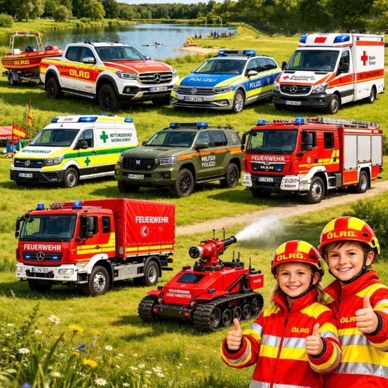 Verschiedene Rettungsfahrzeuge, darunter Feuerwehrwagen, Polizeiautos und ein Krankenwagen, sind auf einem Rasenfeld in der Nähe eines Sees geparkt. Zwei Kinder in Feuerwehruniformen geben Daumen hoch.