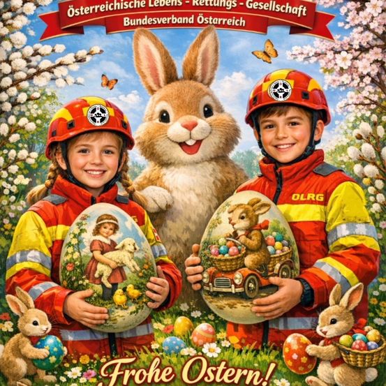 Zwei Kinder in Feuerwehruniformen posieren mit dekorierten Ostereiern. Ein riesiger Hase und zwei kleinere Hasen sind im Hintergrund.