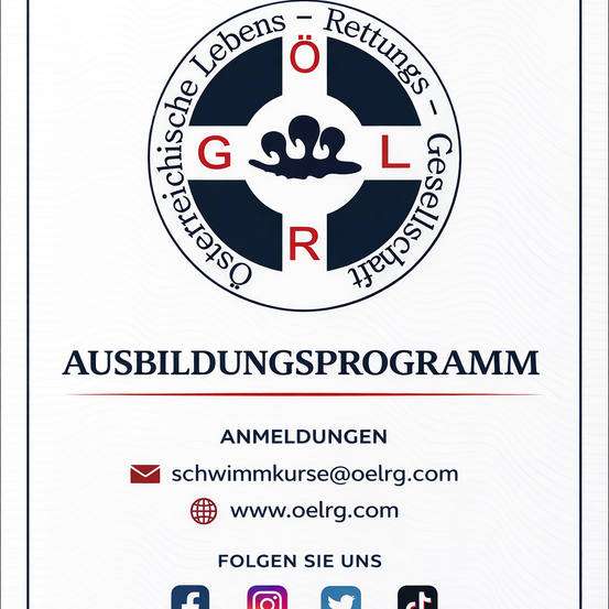 Das Bild zeigt ein Logo einer Lebensrettungsgesellschaft. Darunter steht der Titel 'Ausbildungsprogramm'. Darunter folgen die Anmeldungen, gefolgt von einer E-Mail und einer Website. Es folgen Social-Media-Symbole.