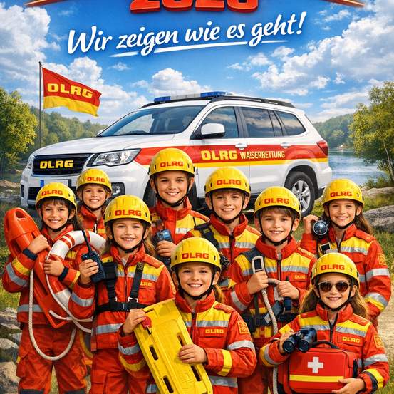 Plakat mit Kindern in Feuerwehruniformen und Helmen mit dem Text 'OLRG'. Sie stehen vor einem Rettungsfahrzeug. Im Hintergrund weht eine Fahne mit dem Wort 'OLRG'.