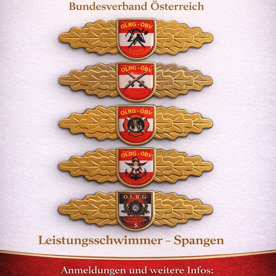 Eine Werbung fur den Bundesverband Osterreich zeigt eine Reihe goldener Abzeichen mit Logos, jeweils mit einem roten und weissen Schild mit verschiedenen Symbolen. Der Text 'Leistungsschwimmmer - Spangen' steht unten.