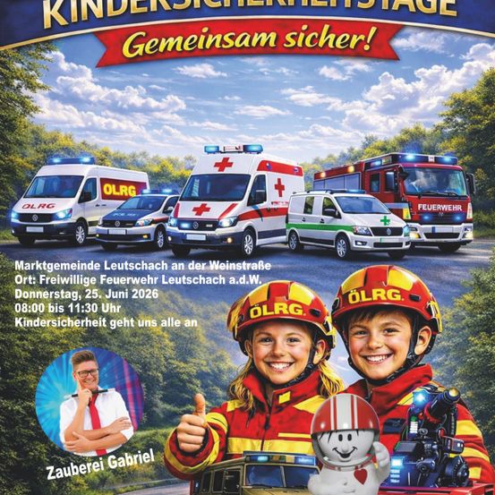 Plakat für eine Kindersicherheitsveranstaltung mit Rettungsfahrzeugen und Feuerwehrleuten. Veranstaltungsdetails umfassen Datum, Uhrzeit und Ort. Der Zauberer Zauberei Gabriel ist ebenfalls abgebildet.