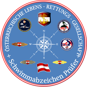 Das Emblem zeigt einen Kompass mit Himmelsrichtungen, eine Flagge und Logos um eine zentrale Bezeichnung. Die Bezeichnung lautet 'Osterreichische Lebensrettungsgesellschaft + Schwimmabzeichen Prüfer'.