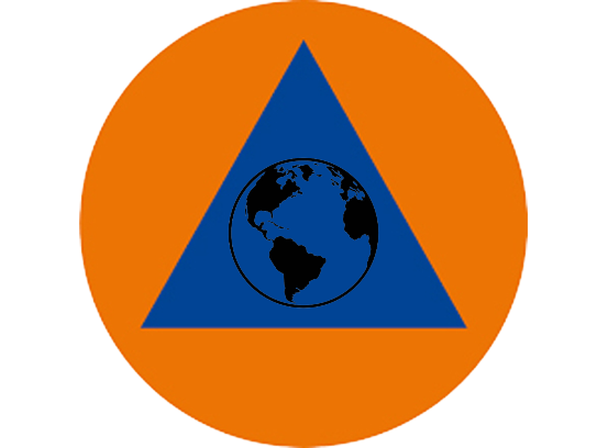 Ein kreisförmiges Symbol mit einem blauen Dreieck darin, zentriert mit einem schwarzen Globus-Bild.