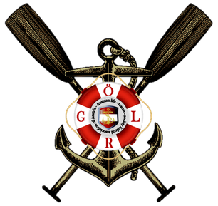 Ein schwarzer Hintergrund zeigt einen goldenen Anker mit einem Rettungsring in der Mitte und den Buchstaben 'GRL' darüber. Der Rettungsring hat ein rot-weißes Farbschema mit den Buchstaben 'OR'. Zwei Schwerter befinden sich auf beiden Seiten des Ankers.