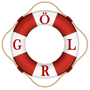 Ein roter und weißer Rettungsring mit den Buchstaben G, O, R und L in einem Kreis angeordnet. Die Buchstaben sind in rotem Schriftstil und der Ring hat einen schwarzen Mittelpunkt.