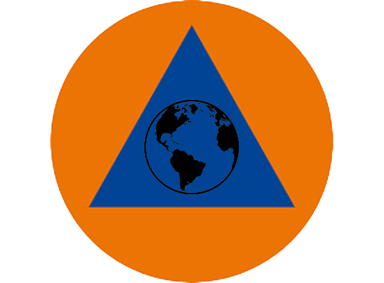 Ein orangefarbener Kreis mit einem blauen Dreieck darin. Im Inneren des Dreiecks ist ein Bild der Erde.