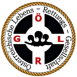 Ein Logo mit einem Kreuz und den Buchstaben GRL in Rot, in einem goldenen Rand mit dem Text 'Lebens-Rettungs-Gesellschaft' darum.