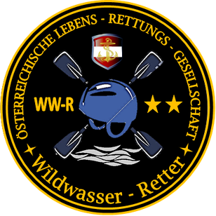 Das Emblem zeigt einen blauen Helm, zwei Ruder und drei Sterne, mit dem Text 'Wildwasser-Retter' in weiß und 'WW-R' in blau auf schwarzem Hintergrund.